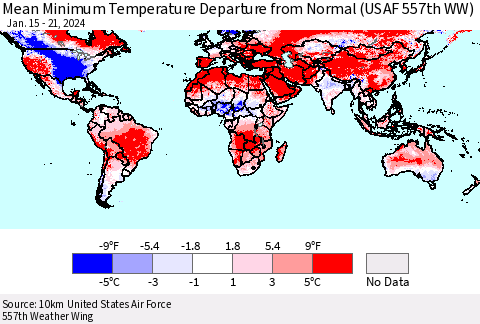 World Mean Minimum Temperature Departure from Normal (USAF 557th WW) Thematic Map For 1/15/2024 - 1/21/2024