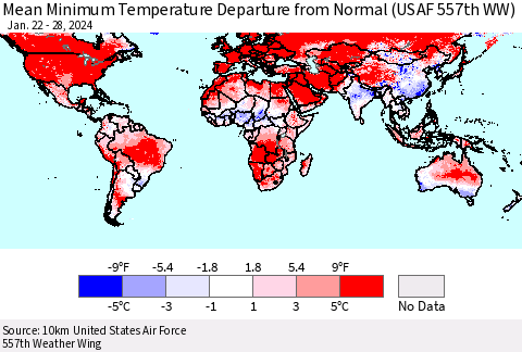 World Mean Minimum Temperature Departure from Normal (USAF 557th WW) Thematic Map For 1/22/2024 - 1/28/2024