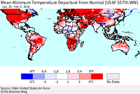 World Mean Minimum Temperature Departure from Normal (USAF 557th WW) Thematic Map For 1/29/2024 - 2/4/2024