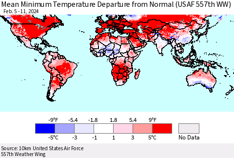 World Mean Minimum Temperature Departure from Normal (USAF 557th WW) Thematic Map For 2/5/2024 - 2/11/2024