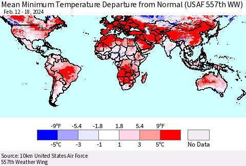 World Mean Minimum Temperature Departure from Normal (USAF 557th WW) Thematic Map For 2/12/2024 - 2/18/2024