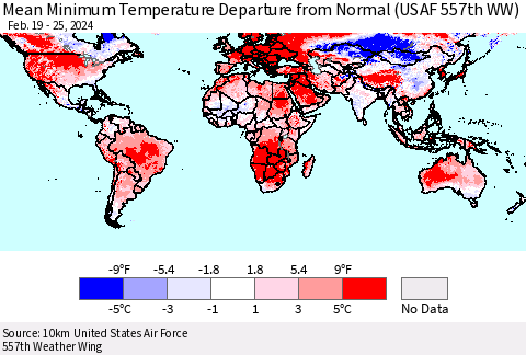 World Mean Minimum Temperature Departure from Normal (USAF 557th WW) Thematic Map For 2/19/2024 - 2/25/2024
