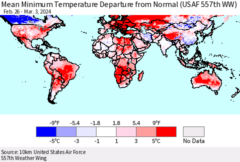 World Mean Minimum Temperature Departure from Normal (USAF 557th WW) Thematic Map For 2/26/2024 - 3/3/2024