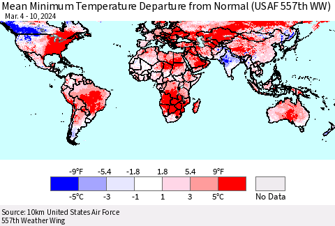 World Mean Minimum Temperature Departure from Normal (USAF 557th WW) Thematic Map For 3/4/2024 - 3/10/2024