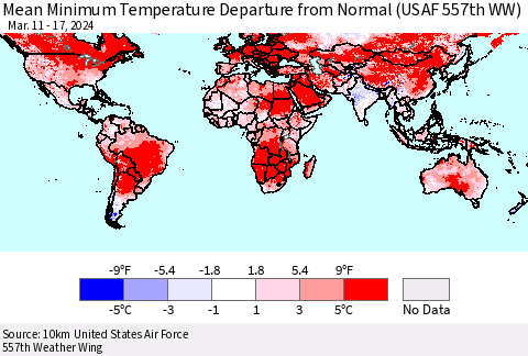 World Mean Minimum Temperature Departure from Normal (USAF 557th WW) Thematic Map For 3/11/2024 - 3/17/2024