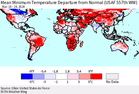 World Mean Minimum Temperature Departure from Normal (USAF 557th WW) Thematic Map For 3/18/2024 - 3/24/2024