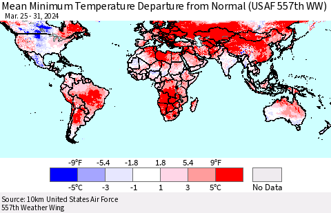 World Mean Minimum Temperature Departure from Normal (USAF 557th WW) Thematic Map For 3/25/2024 - 3/31/2024