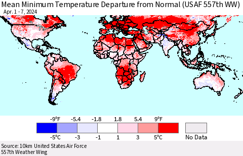 World Mean Minimum Temperature Departure from Normal (USAF 557th WW) Thematic Map For 4/1/2024 - 4/7/2024