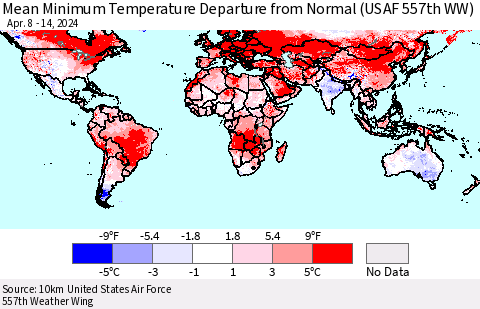 World Mean Minimum Temperature Departure from Normal (USAF 557th WW) Thematic Map For 4/8/2024 - 4/14/2024