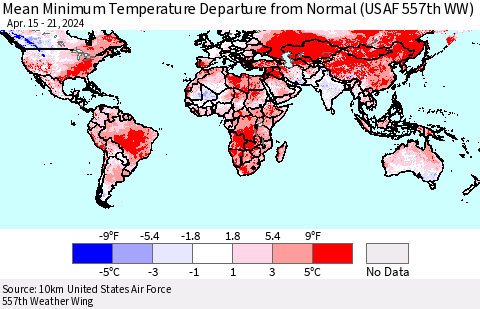 World Mean Minimum Temperature Departure from Normal (USAF 557th WW) Thematic Map For 4/15/2024 - 4/21/2024