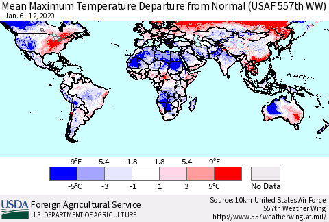 World Mean Maximum Temperature Departure from Normal (USAF 557th WW) Thematic Map For 1/6/2020 - 1/12/2020