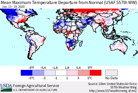 World Mean Maximum Temperature Departure from Normal (USAF 557th WW) Thematic Map For 1/13/2020 - 1/19/2020