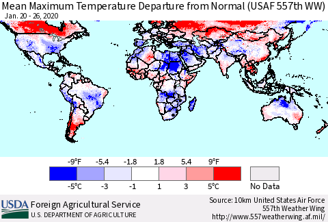 World Mean Maximum Temperature Departure from Normal (USAF 557th WW) Thematic Map For 1/20/2020 - 1/26/2020