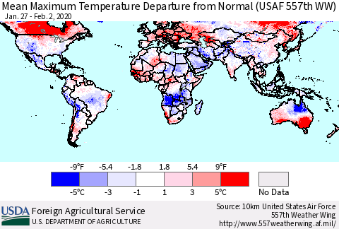 World Mean Maximum Temperature Departure from Normal (USAF 557th WW) Thematic Map For 1/27/2020 - 2/2/2020
