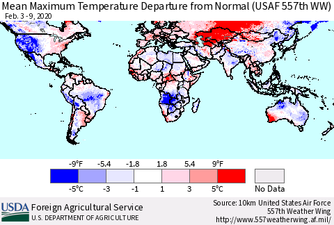 World Mean Maximum Temperature Departure from Normal (USAF 557th WW) Thematic Map For 2/3/2020 - 2/9/2020