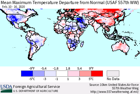 World Mean Maximum Temperature Departure from Normal (USAF 557th WW) Thematic Map For 2/10/2020 - 2/16/2020