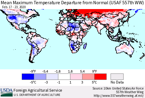 World Mean Maximum Temperature Departure from Normal (USAF 557th WW) Thematic Map For 2/17/2020 - 2/23/2020