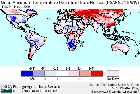 World Mean Maximum Temperature Departure from Normal (USAF 557th WW) Thematic Map For 2/24/2020 - 3/1/2020