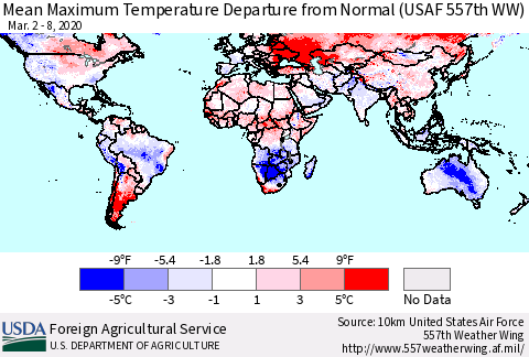 World Mean Maximum Temperature Departure from Normal (USAF 557th WW) Thematic Map For 3/2/2020 - 3/8/2020
