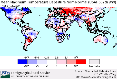 World Mean Maximum Temperature Departure from Normal (USAF 557th WW) Thematic Map For 3/9/2020 - 3/15/2020