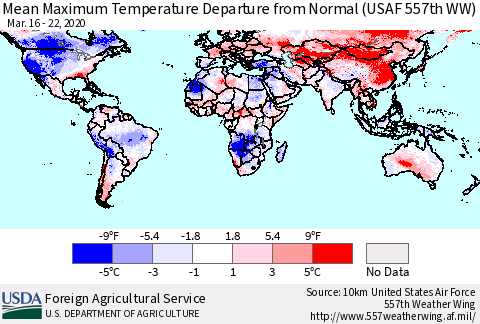 World Mean Maximum Temperature Departure from Normal (USAF 557th WW) Thematic Map For 3/16/2020 - 3/22/2020
