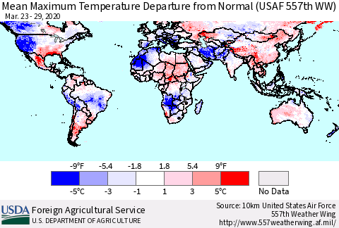 World Mean Maximum Temperature Departure from Normal (USAF 557th WW) Thematic Map For 3/23/2020 - 3/29/2020