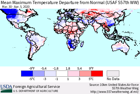 World Mean Maximum Temperature Departure from Normal (USAF 557th WW) Thematic Map For 3/30/2020 - 4/5/2020
