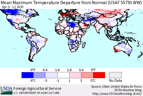 World Mean Maximum Temperature Departure from Normal (USAF 557th WW) Thematic Map For 4/6/2020 - 4/12/2020