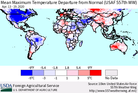 World Mean Maximum Temperature Departure from Normal (USAF 557th WW) Thematic Map For 4/13/2020 - 4/19/2020