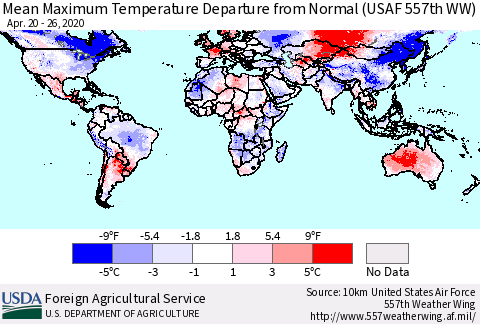 World Mean Maximum Temperature Departure from Normal (USAF 557th WW) Thematic Map For 4/20/2020 - 4/26/2020