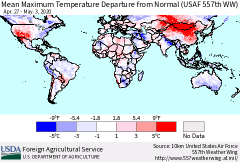 World Mean Maximum Temperature Departure from Normal (USAF 557th WW) Thematic Map For 4/27/2020 - 5/3/2020