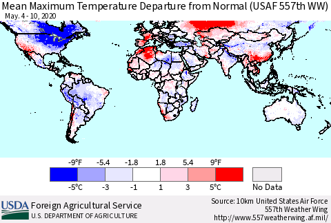 World Mean Maximum Temperature Departure from Normal (USAF 557th WW) Thematic Map For 5/4/2020 - 5/10/2020