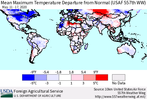 World Mean Maximum Temperature Departure from Normal (USAF 557th WW) Thematic Map For 5/11/2020 - 5/17/2020