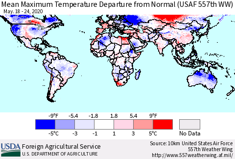 World Mean Maximum Temperature Departure from Normal (USAF 557th WW) Thematic Map For 5/18/2020 - 5/24/2020