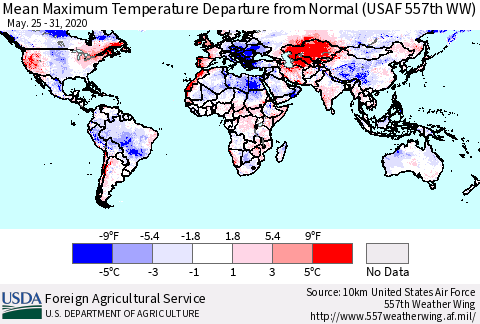 World Mean Maximum Temperature Departure from Normal (USAF 557th WW) Thematic Map For 5/25/2020 - 5/31/2020