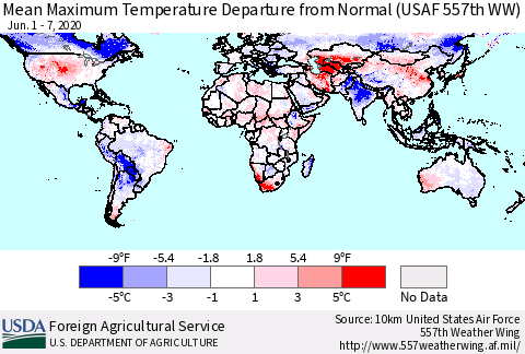 World Mean Maximum Temperature Departure from Normal (USAF 557th WW) Thematic Map For 6/1/2020 - 6/7/2020