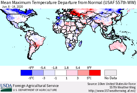 World Mean Maximum Temperature Departure from Normal (USAF 557th WW) Thematic Map For 6/8/2020 - 6/14/2020