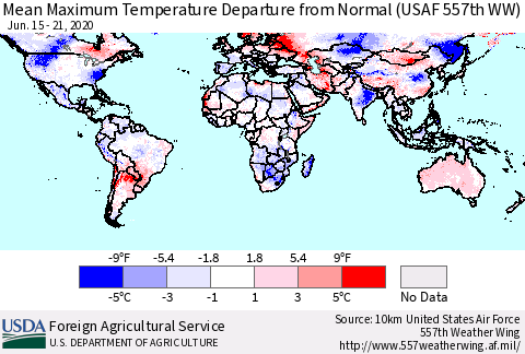 World Mean Maximum Temperature Departure from Normal (USAF 557th WW) Thematic Map For 6/15/2020 - 6/21/2020