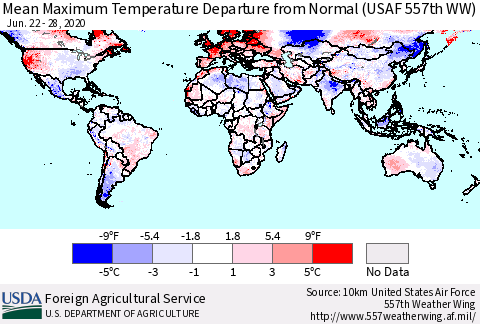 World Mean Maximum Temperature Departure from Normal (USAF 557th WW) Thematic Map For 6/22/2020 - 6/28/2020