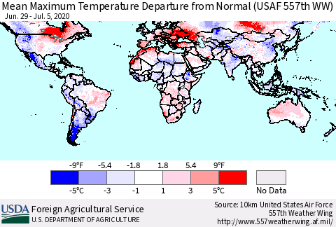 World Mean Maximum Temperature Departure from Normal (USAF 557th WW) Thematic Map For 6/29/2020 - 7/5/2020
