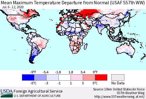 World Mean Maximum Temperature Departure from Normal (USAF 557th WW) Thematic Map For 7/6/2020 - 7/12/2020