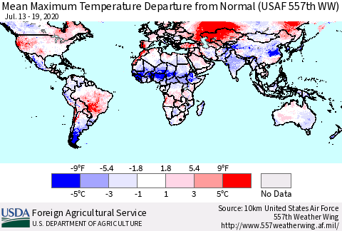 World Mean Maximum Temperature Departure from Normal (USAF 557th WW) Thematic Map For 7/13/2020 - 7/19/2020