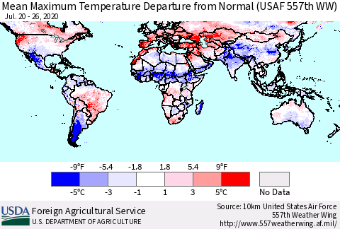World Mean Maximum Temperature Departure from Normal (USAF 557th WW) Thematic Map For 7/20/2020 - 7/26/2020