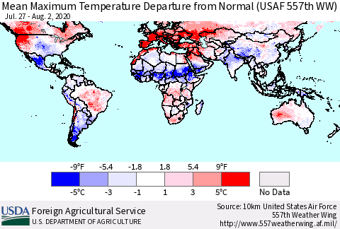 World Mean Maximum Temperature Departure from Normal (USAF 557th WW) Thematic Map For 7/27/2020 - 8/2/2020