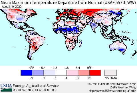World Mean Maximum Temperature Departure from Normal (USAF 557th WW) Thematic Map For 8/3/2020 - 8/9/2020