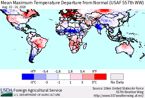 World Mean Maximum Temperature Departure from Normal (USAF 557th WW) Thematic Map For 8/10/2020 - 8/16/2020