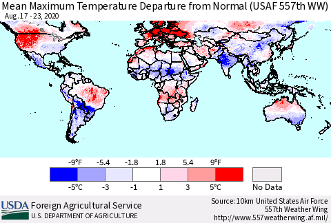 World Mean Maximum Temperature Departure from Normal (USAF 557th WW) Thematic Map For 8/17/2020 - 8/23/2020