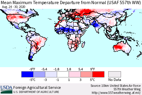 World Mean Maximum Temperature Departure from Normal (USAF 557th WW) Thematic Map For 8/24/2020 - 8/30/2020
