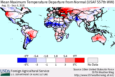 World Mean Maximum Temperature Departure from Normal (USAF 557th WW) Thematic Map For 8/31/2020 - 9/6/2020