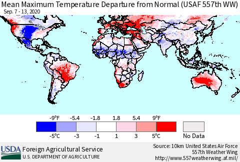 World Mean Maximum Temperature Departure from Normal (USAF 557th WW) Thematic Map For 9/7/2020 - 9/13/2020